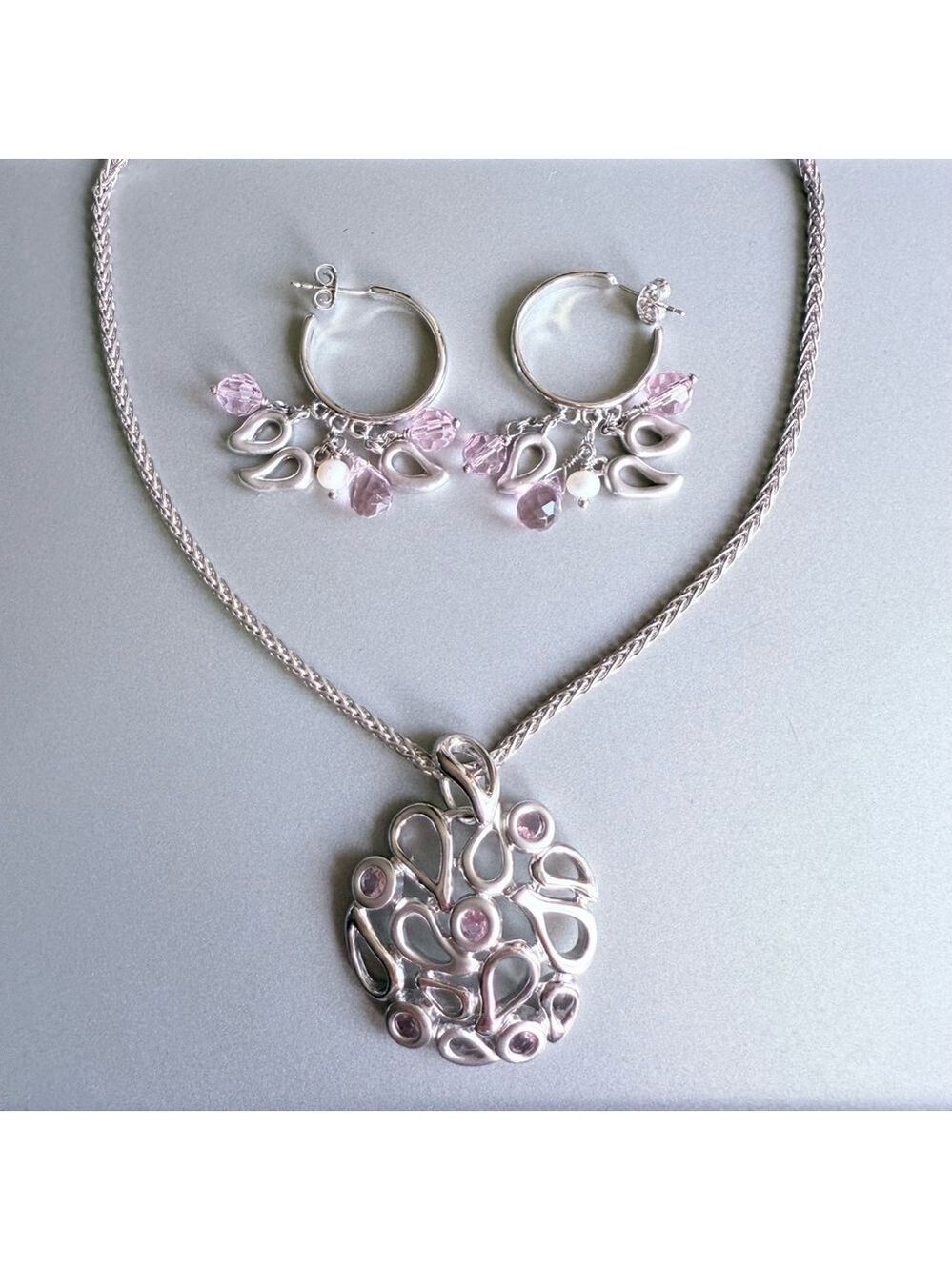 Pink CZ & Crystals Teardrop Charms Dangle Earrings & Pendant Necklace Set